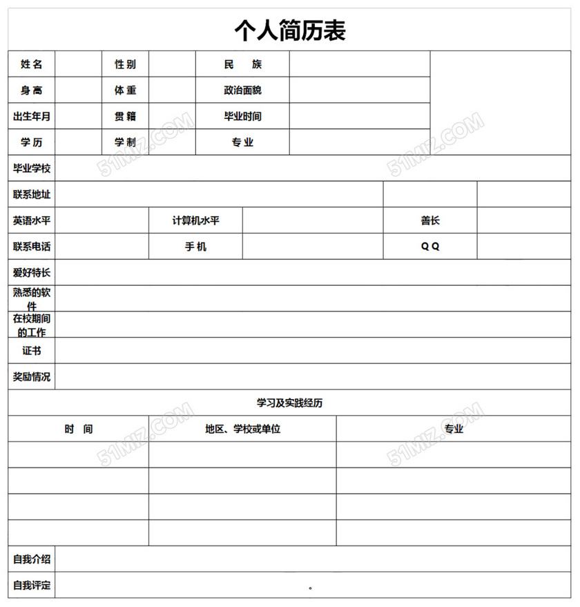 个人简历表模板(工作简历表格样本)