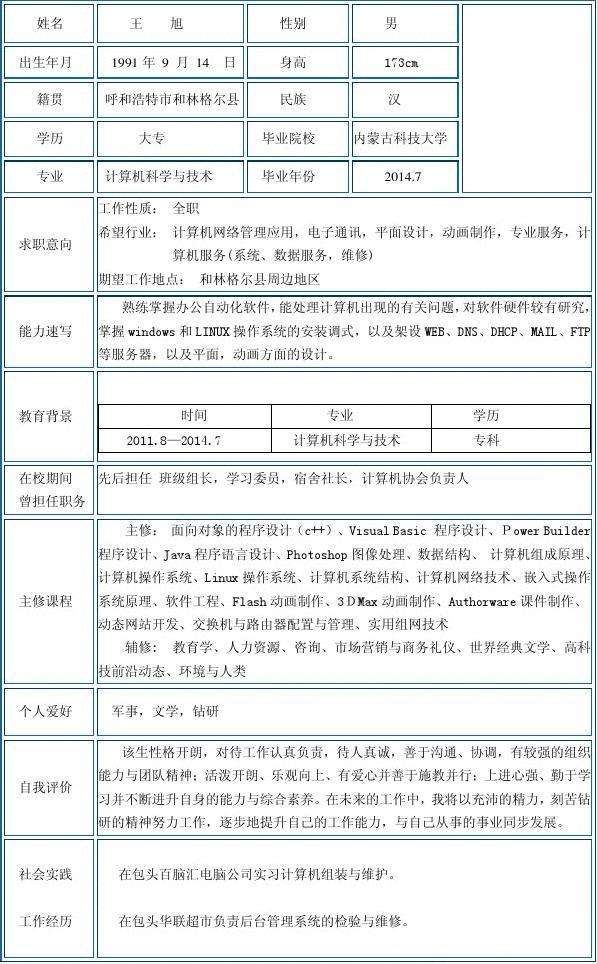 计算机专业个人简历(计算机专业个人简历范文)