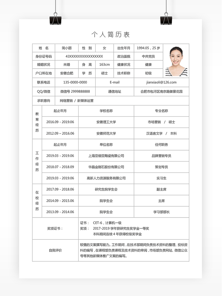简历模板表格下载(个人简历模板表格下载word)