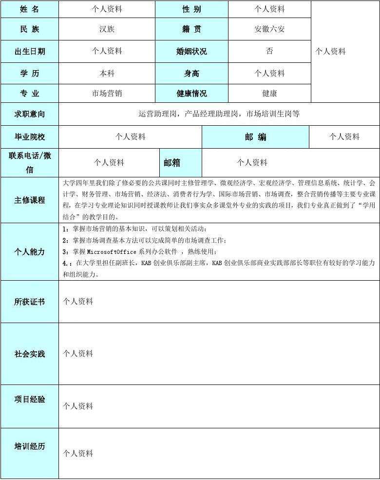 大学生求职简历(实用个人简历表格电子版)