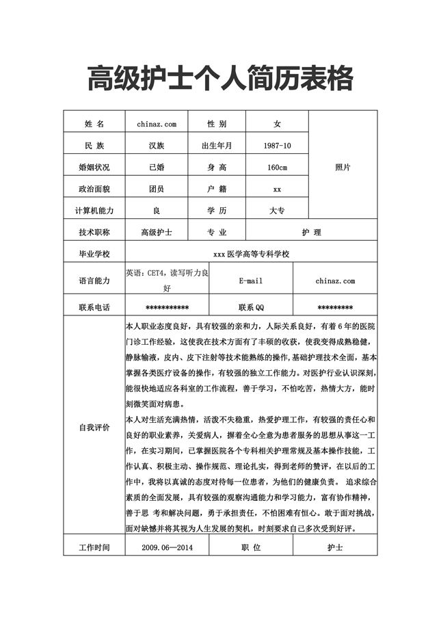 护理专业简历模板(护理专业简历模板表格)